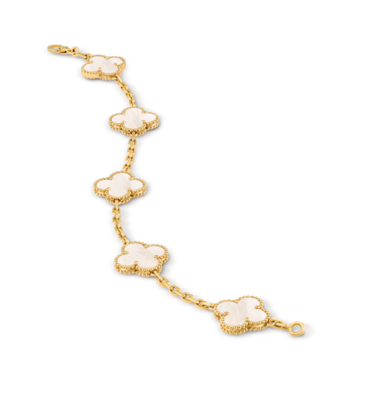 Vintage Alhambra bracelet, 5 motifs 18K yellow gold, Mother-of-pearl