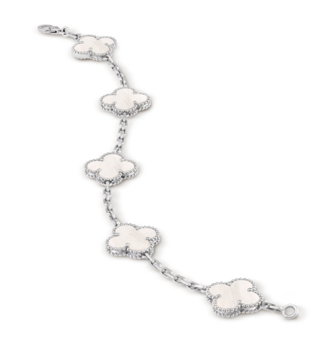 Vintage Alhambra bracelet, 5 motifs. 18K white gold, Mother-of-pearl