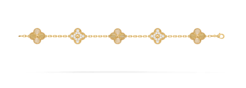 Vintage Alhambra bracelet, 5 motifs, guilloché 18K yellow gold, diamonds
