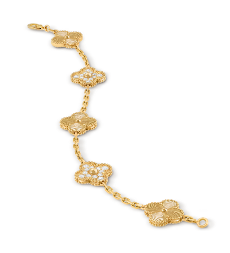 Vintage Alhambra bracelet, 5 motifs, guilloché 18K yellow gold, diamonds