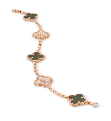 Vintage Alhambra bracelet, 5 motifs, 18K rose gold, gray mother-of-pearl, round diamonds