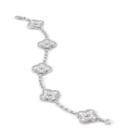 Vintage Alhambra bracelet, 5 motifs, rhodium plated 18K white gold, round diamonds