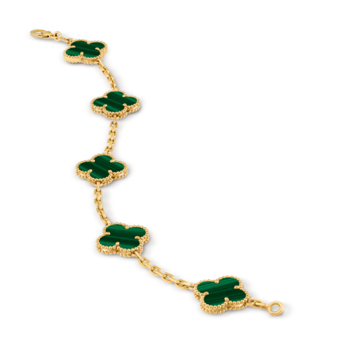 Vintage Alhambra bracelet, 5 motifs, 18K yellow gold, malachite.