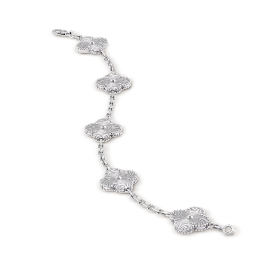 Vintage Alhambra bracelet, 5 motifs, guilloché, 18K white gold.