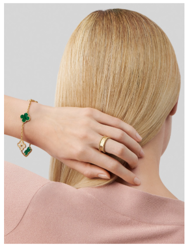 Vintage Alhambra bracelet, 5 motifs, 18K yellow gold, malachite, round diamonds