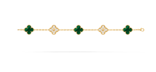 Vintage Alhambra bracelet, 5 motifs, 18K yellow gold, malachite, round diamonds