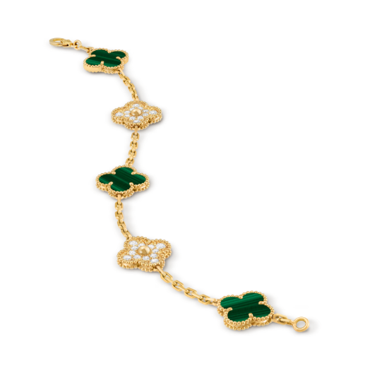 Vintage Alhambra bracelet, 5 motifs, 18K yellow gold, malachite, round diamonds