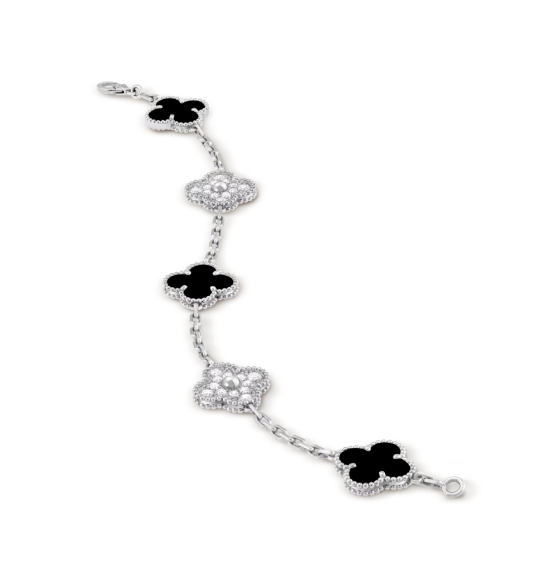 Vintage Alhambra bracelet, 5 motifs, 18K white gold, onyx, round diamonds