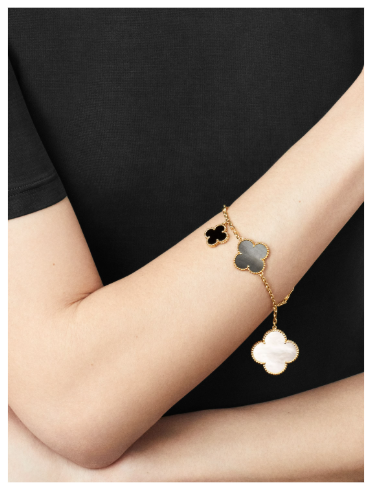 Magic Alhambra bracelet, 5 motifs, 18K yellow gold, white and gray mother-of-pearl, onyx.