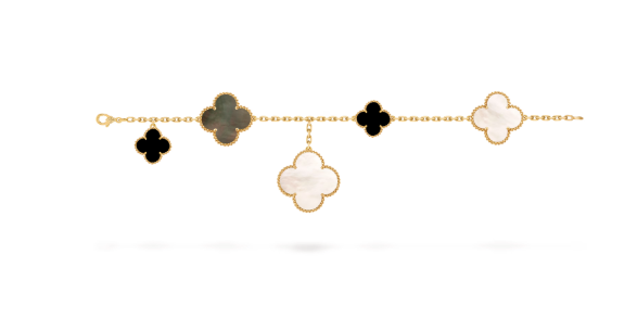 Magic Alhambra bracelet, 5 motifs, 18K yellow gold, white and gray mother-of-pearl, onyx.