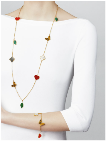 Lucky Alhambra bracelet, 4 motifs, 18K yellow gold, carnelian, tiger’s eye, white mother-of-pearl, malachite.