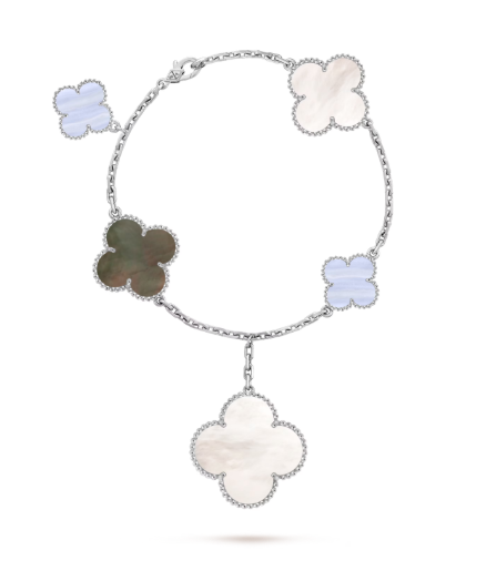 Magic Alhambra bracelet, 5 motifs, 18K white gold, white and gray mother-of-pearl, chalcedony.