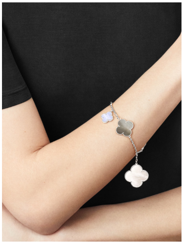 Magic Alhambra bracelet, 5 motifs, 18K white gold, white and gray mother-of-pearl, chalcedony.