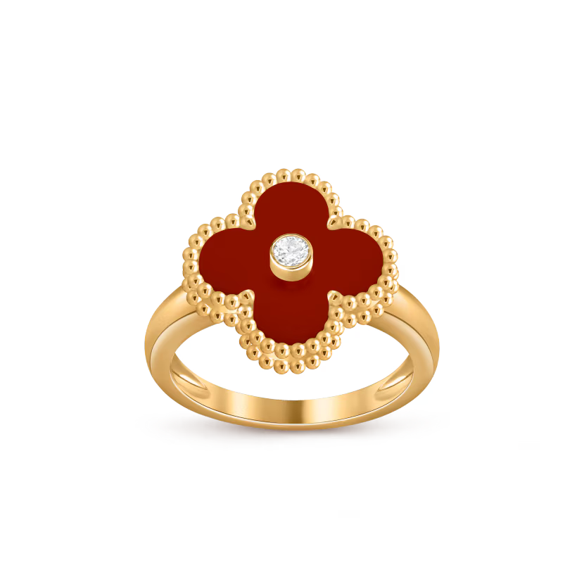 Vintage Alhambra ring, 18K yellow gold, carnelian, round diamond