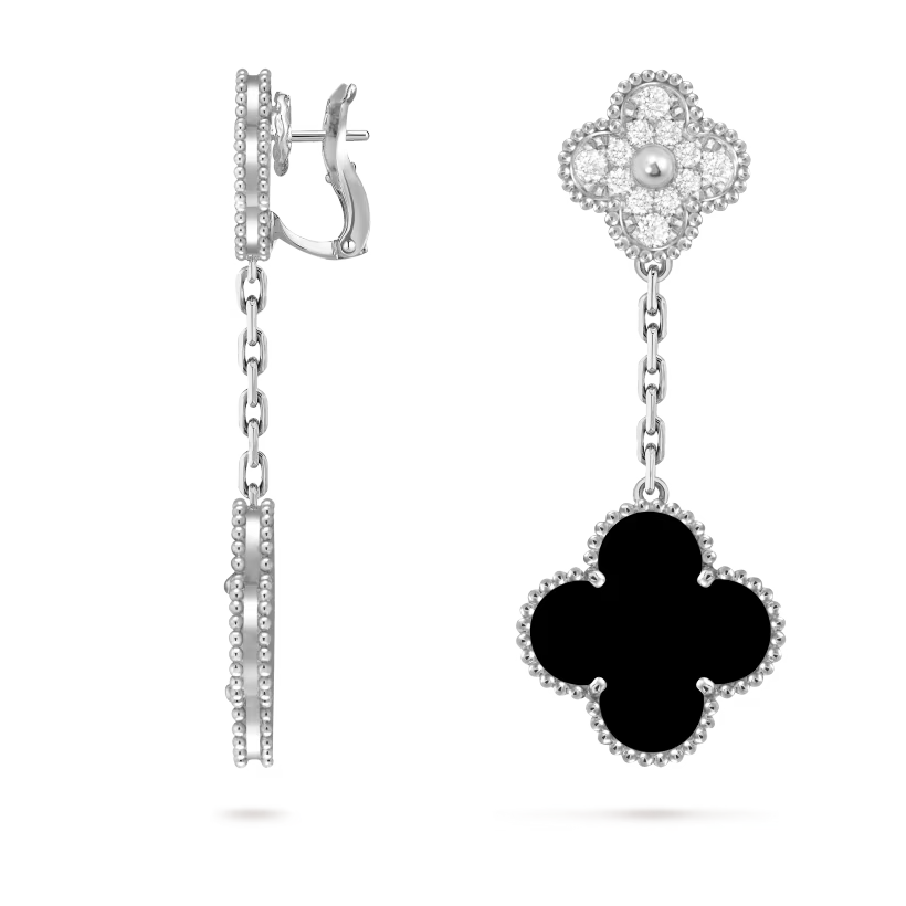 Magic Alhambra earrings, 2 motifs, rhodium plated 18K white gold, onyx, round diamonds
