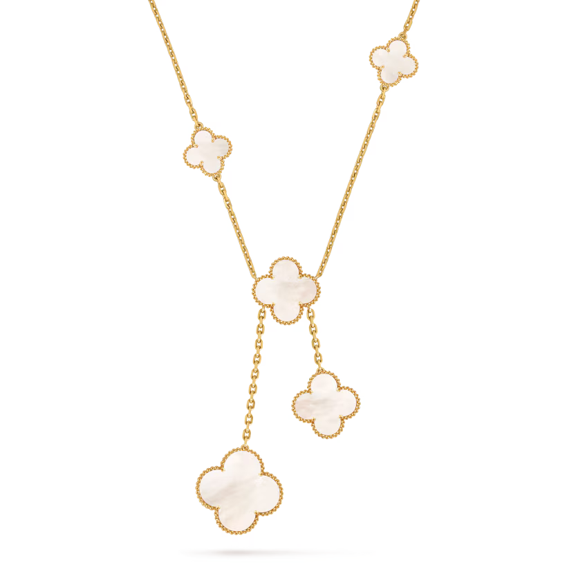 Magic Alhambra necklace, 6 motifs, 18K yellow gold, white mother-of-pearl.