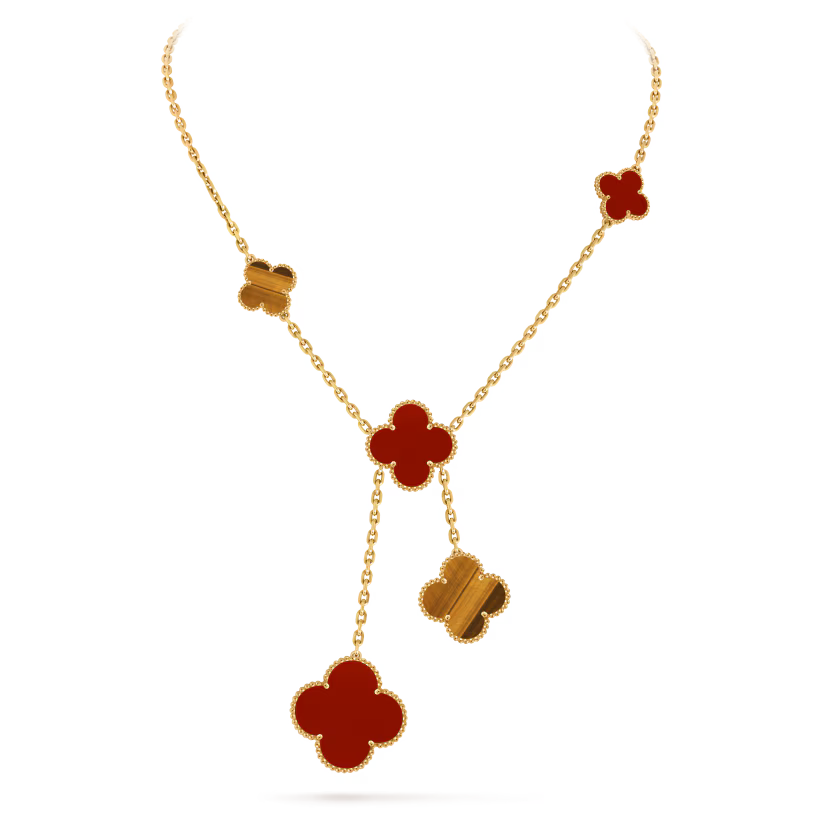 Magic Alhambra necklace, 6 motifs, 18K yellow gold, carnelian, tiger’s eye.