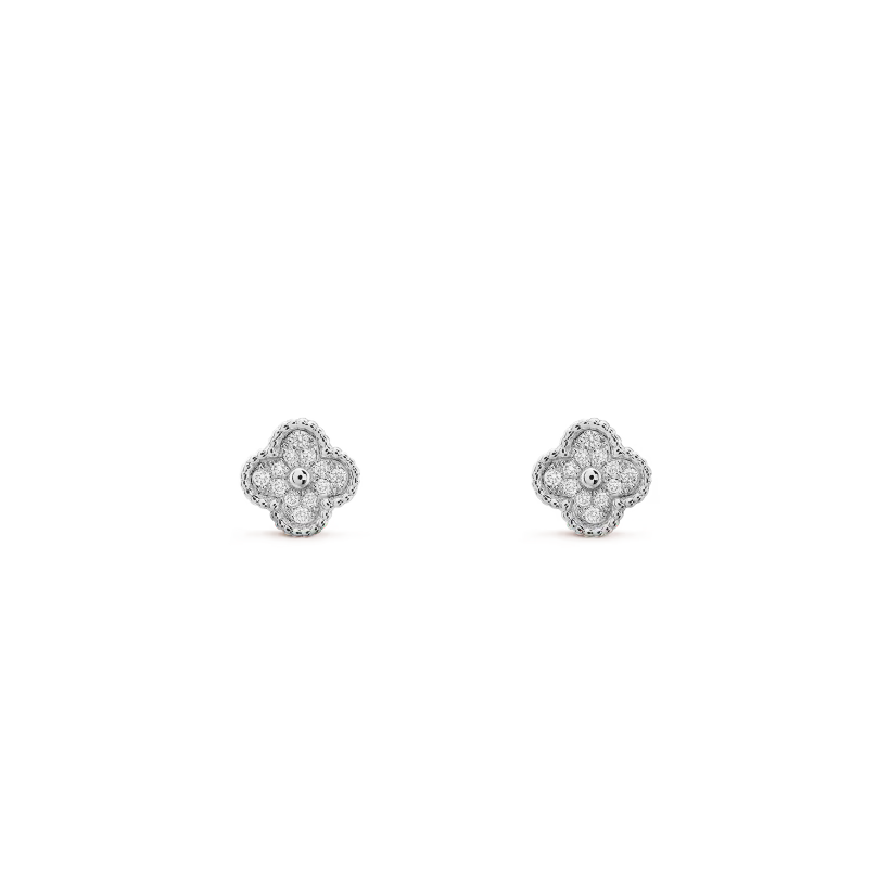 Sweet Alhambra earstuds, rhodium plated 18K white gold, round diamonds