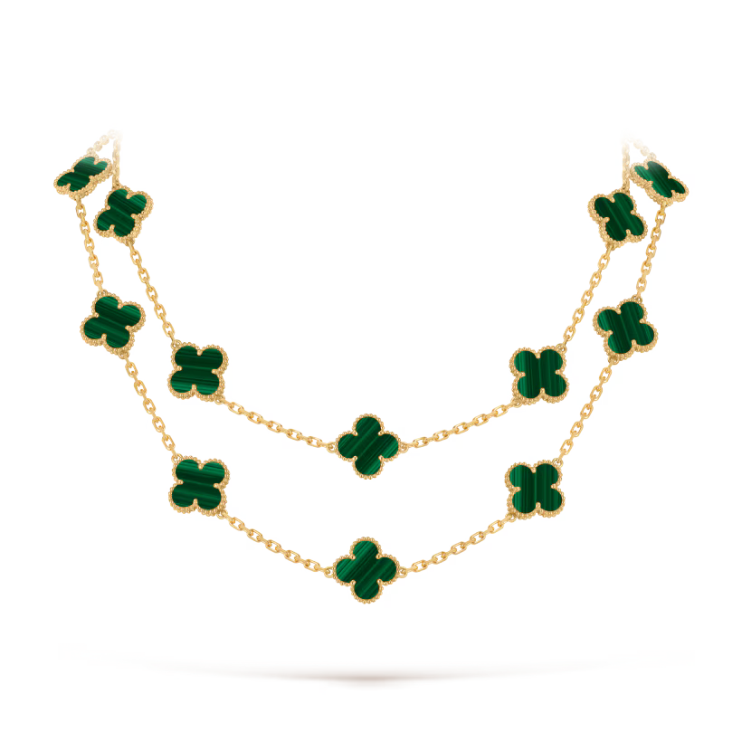 Vintage Alhambra long necklace, 20 motifs, 18K yellow gold, malachite.