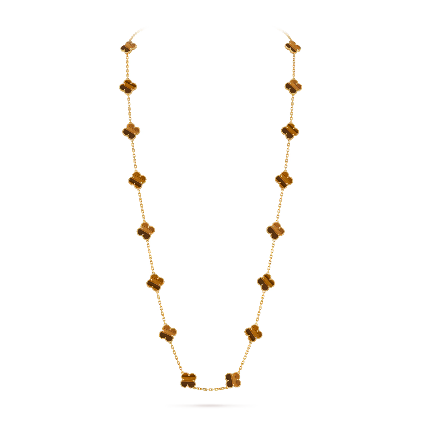 Vintage Alhambra long necklace, 20 motifs, 18K yellow gold, tiger’s eye.