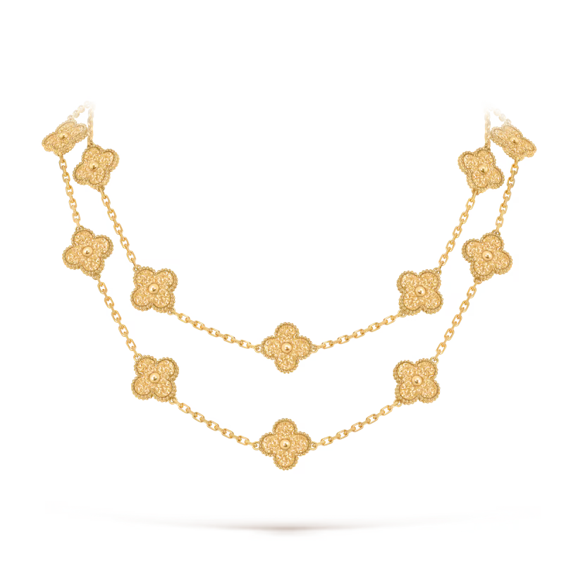 Vintage Alhambra long necklace, 20 motifs, textured 18K yellow gold.
