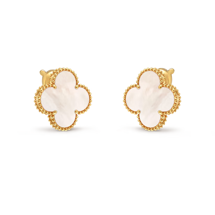 Magic Alhambra earrings, 18K yellow gold, white mother-of-pearl.