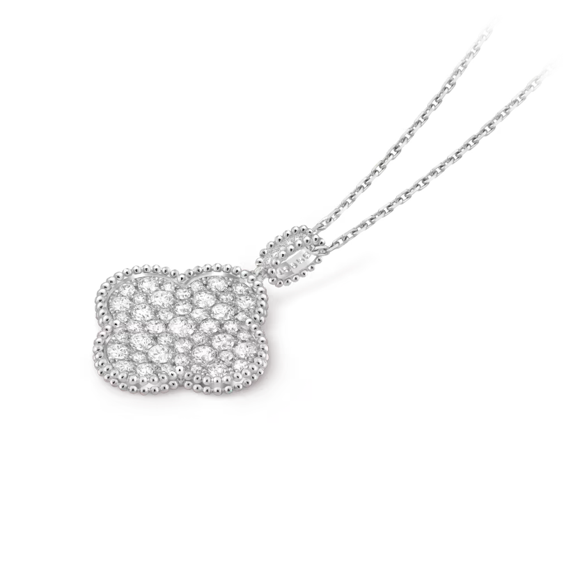 Magic Alhambra long necklace 1 motif, rhodium plated 18K white gold, paved diamonds.