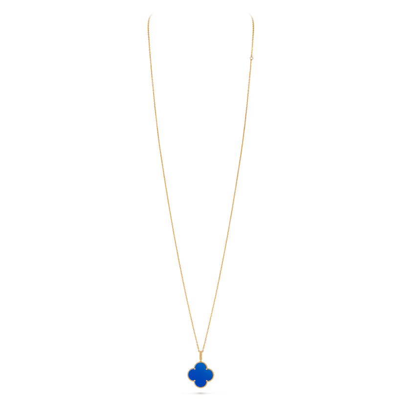 Magic Alhambra long necklace, 1 motif, 18K yellow gold, blue agate.