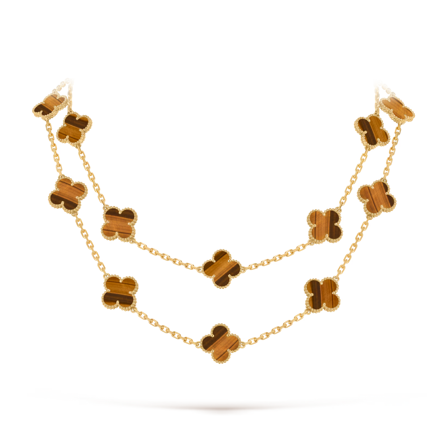 Vintage Alhambra long necklace, 20 motifs, 18K yellow gold, tiger’s eye.