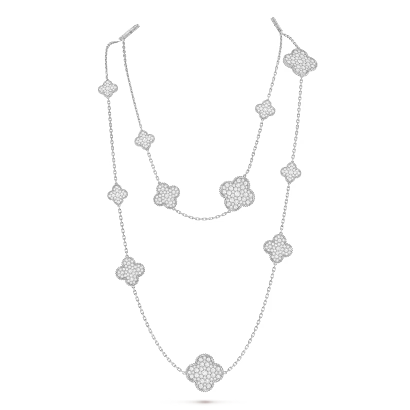 Magic Alhambra long necklace, 16 motifs, rhodium plated 18K white gold, round diamonds