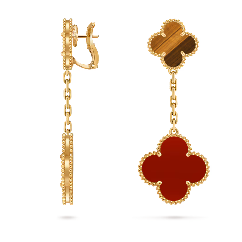 Magic Alhambra earrings, 2 motifs, 18K yellow gold, tiger’s eye, carnelian.