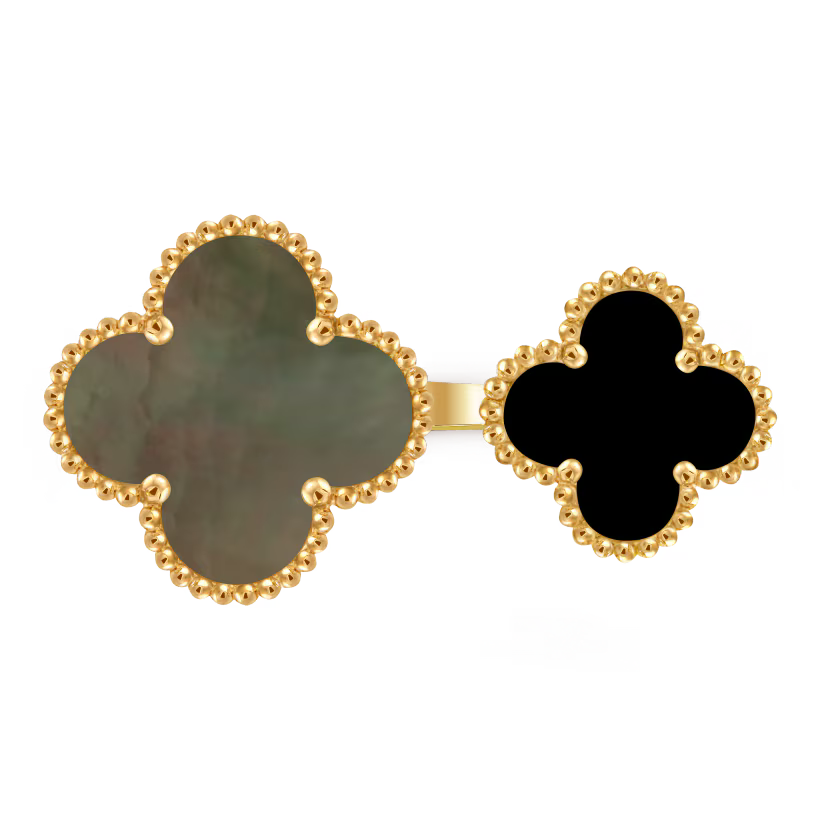 Magic Alhambra Between the Finger ring, 18K yellow gold, gray mother-of-pearl, onyx.