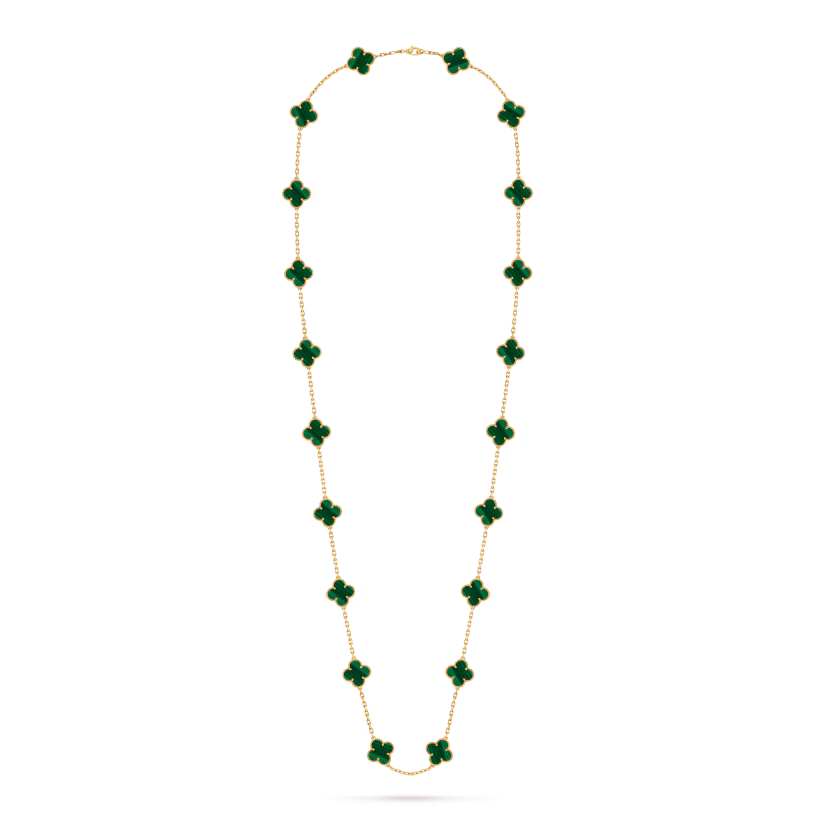 Vintage Alhambra long necklace, 20 motifs, 18K yellow gold, malachite.