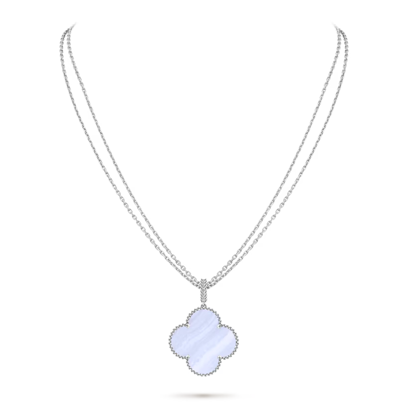 Magic Alhambra long necklace, 1 motif, rhodium plated 18K white gold, chalcedony.