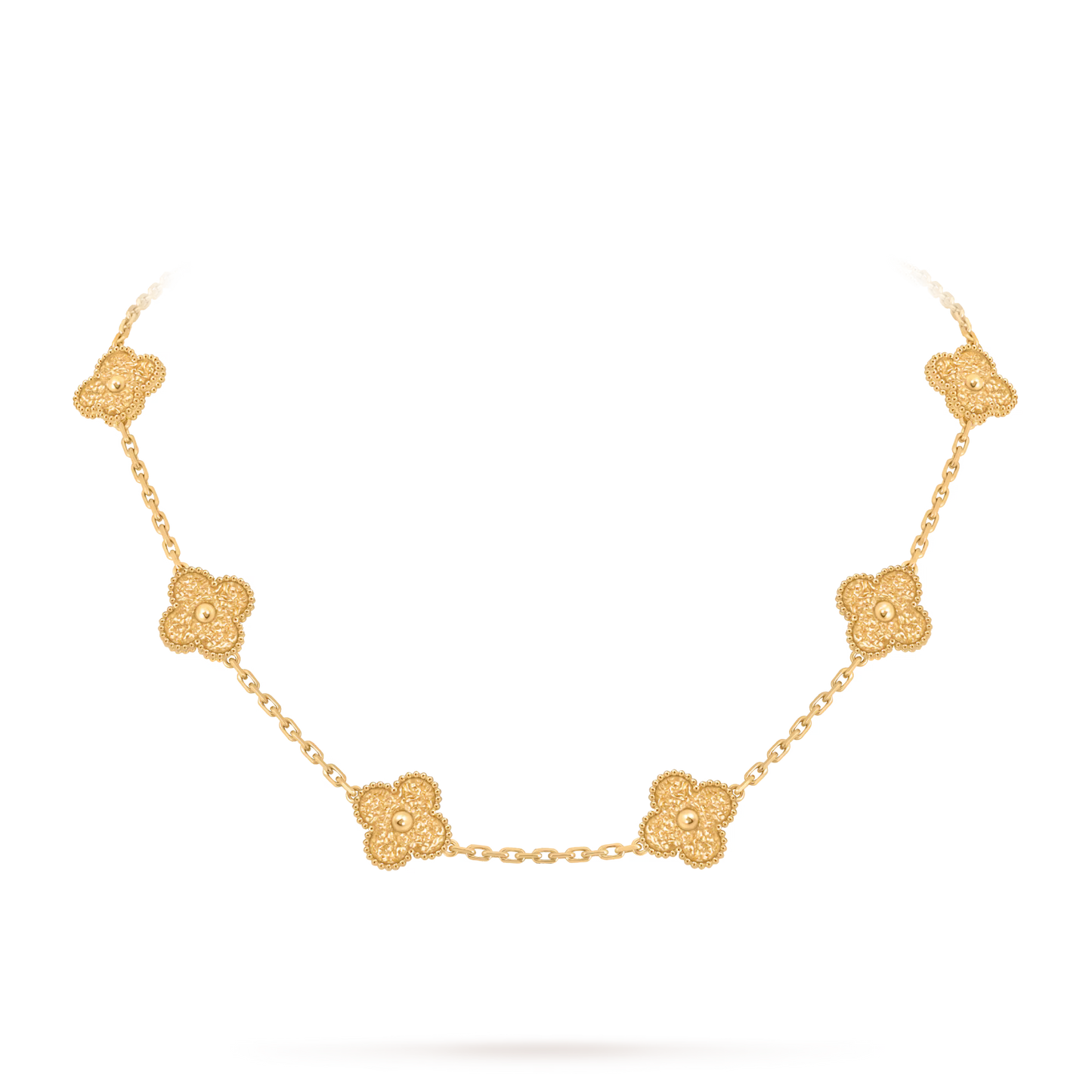 Vintage Alhambra necklace, 10 motifs, textured 18K yellow gold.