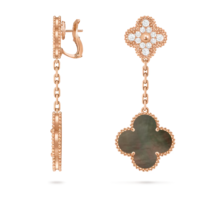 Magic Alhambra earrings, 2 motifs, 18K rose gold, gray mother-of-pearl, round diamonds