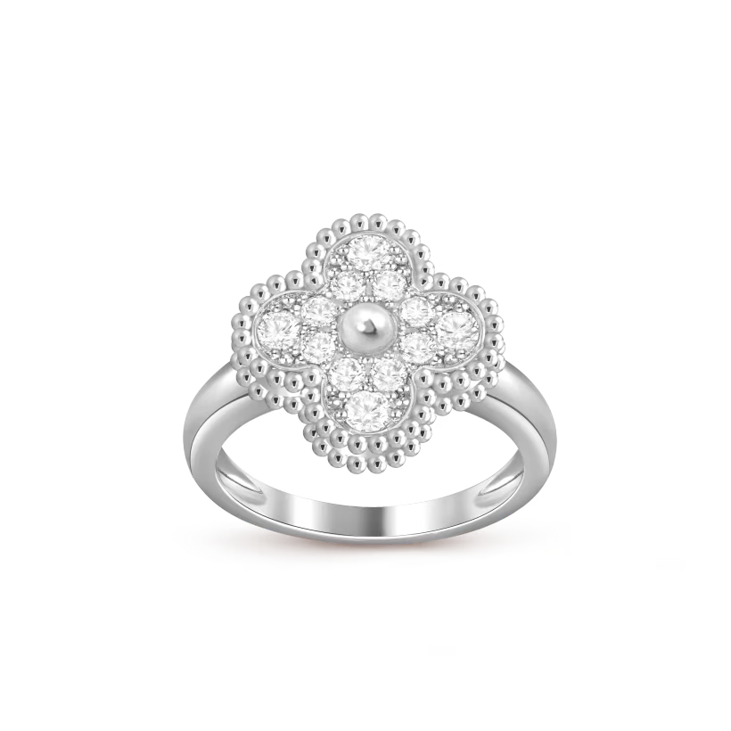 Vintage Alhambra ring, rhodium plated 18K white gold, round diamonds