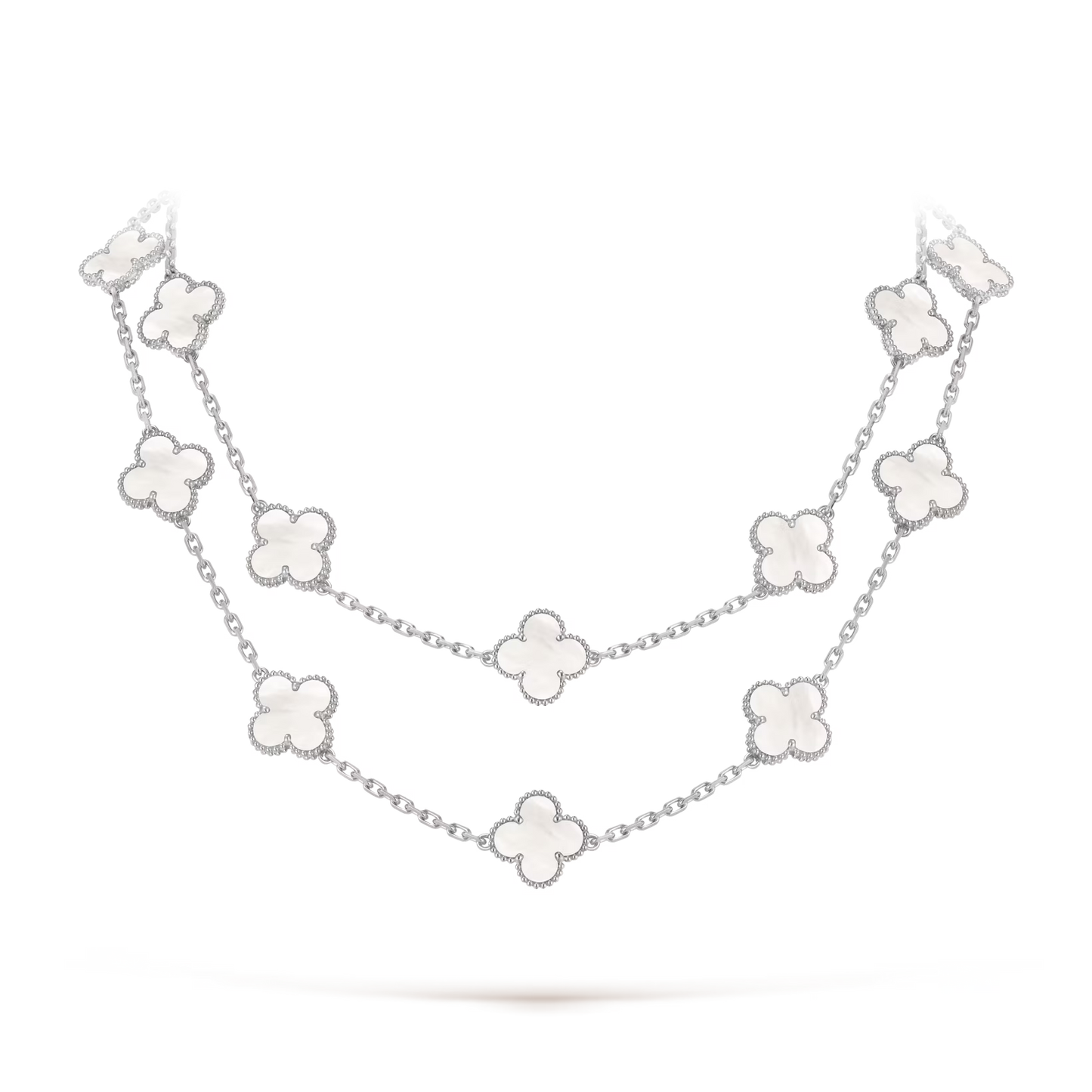 Vintage Alhambra long necklace, 20 motifs, rhodium plated 18K white gold, white mother-of-pearl.