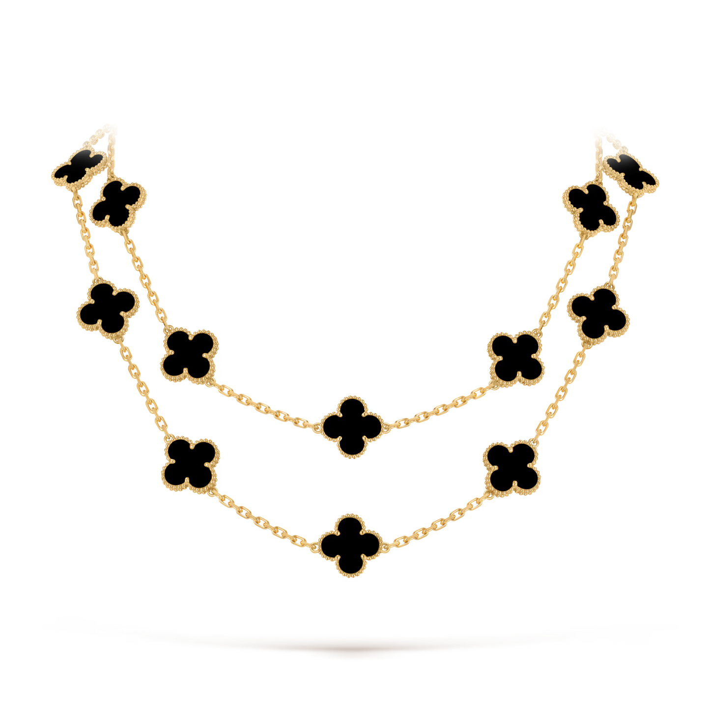 Vintage Alhambra long necklace, 20 motifs, 18K yellow gold, onyx.