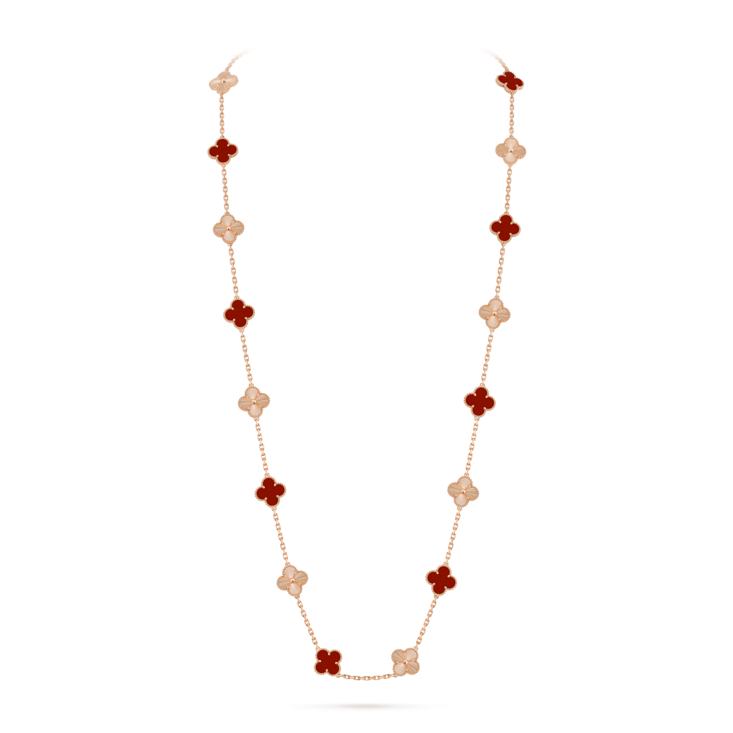 Vintage Alhambra long necklace, 20 motifs, guilloché 18K rose gold, carnelian.