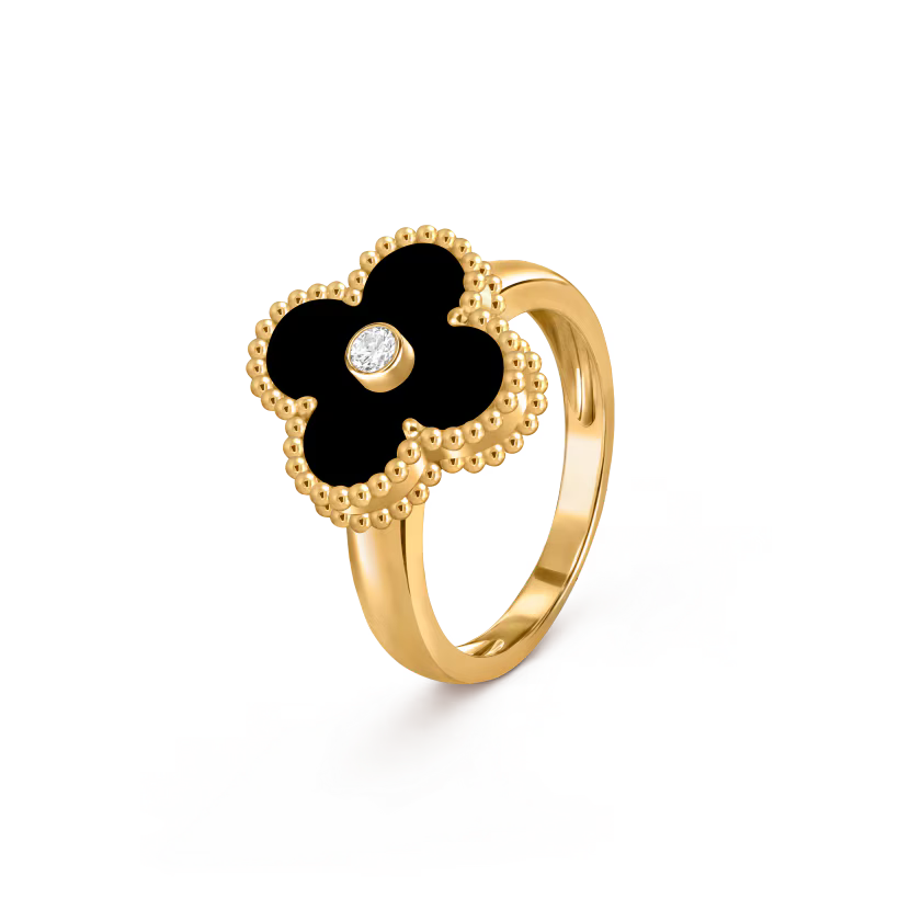 Vintage Alhambra ring, 18K yellow gold, onyx, round diamond
