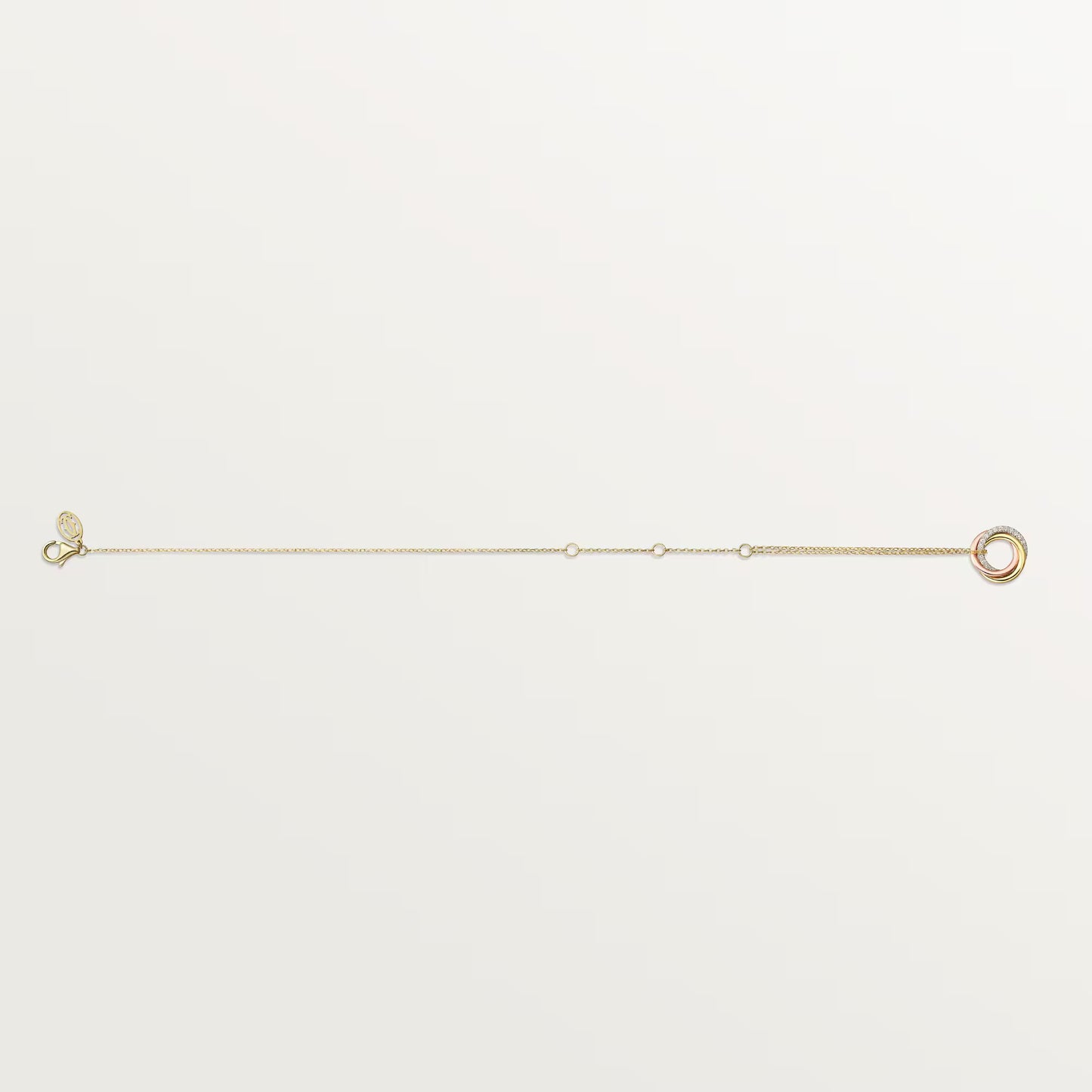 Trinity bracelet 18K white, yellow and rose gold, on chain, diamonds.