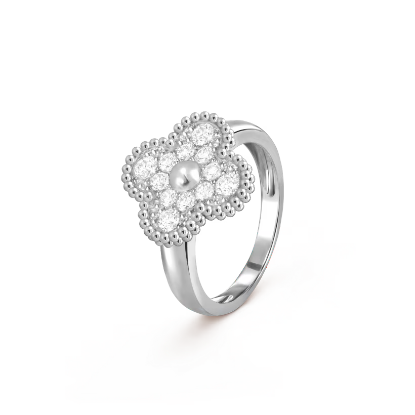 Vintage Alhambra ring, rhodium plated 18K white gold, round diamonds