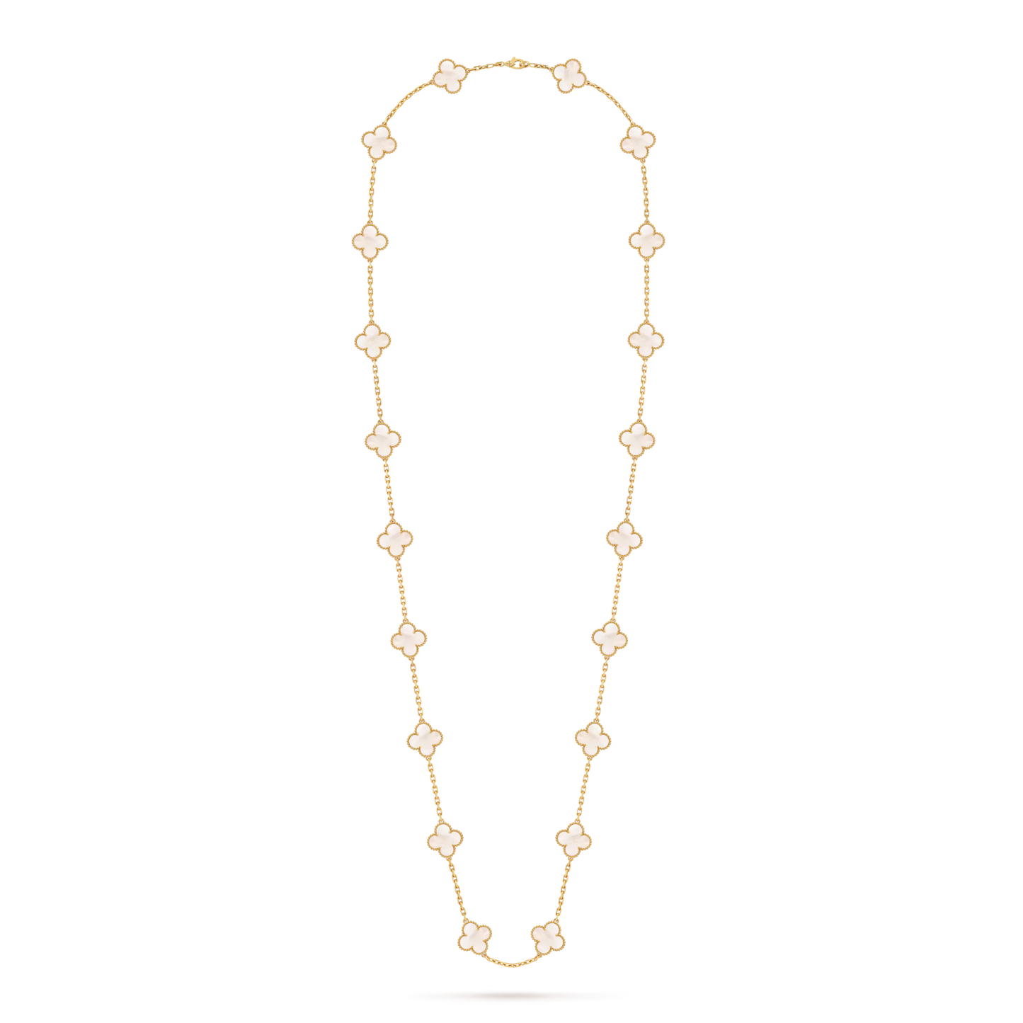 Vintage Alhambra long necklace, 20 motifs, 18K yellow gold, white mother-of-pearl.