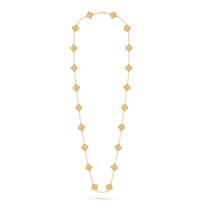Vintage Alhambra long necklace, 20 motifs, textured 18K yellow gold.