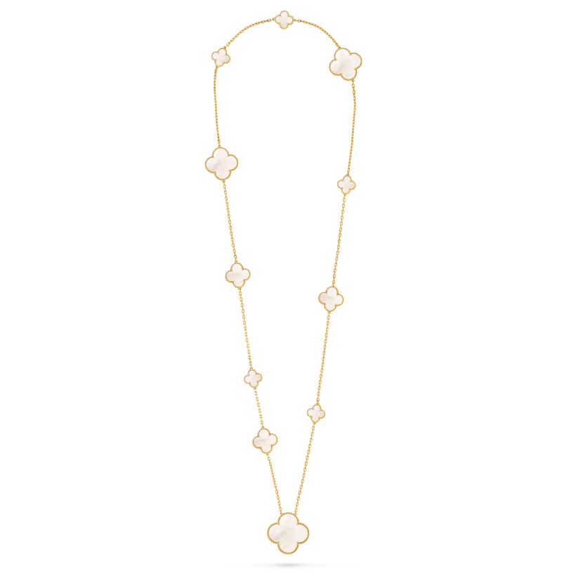 Magic Alhambra long necklace, 11 motifs, 18K yellow gold, white mother-of-pearl.