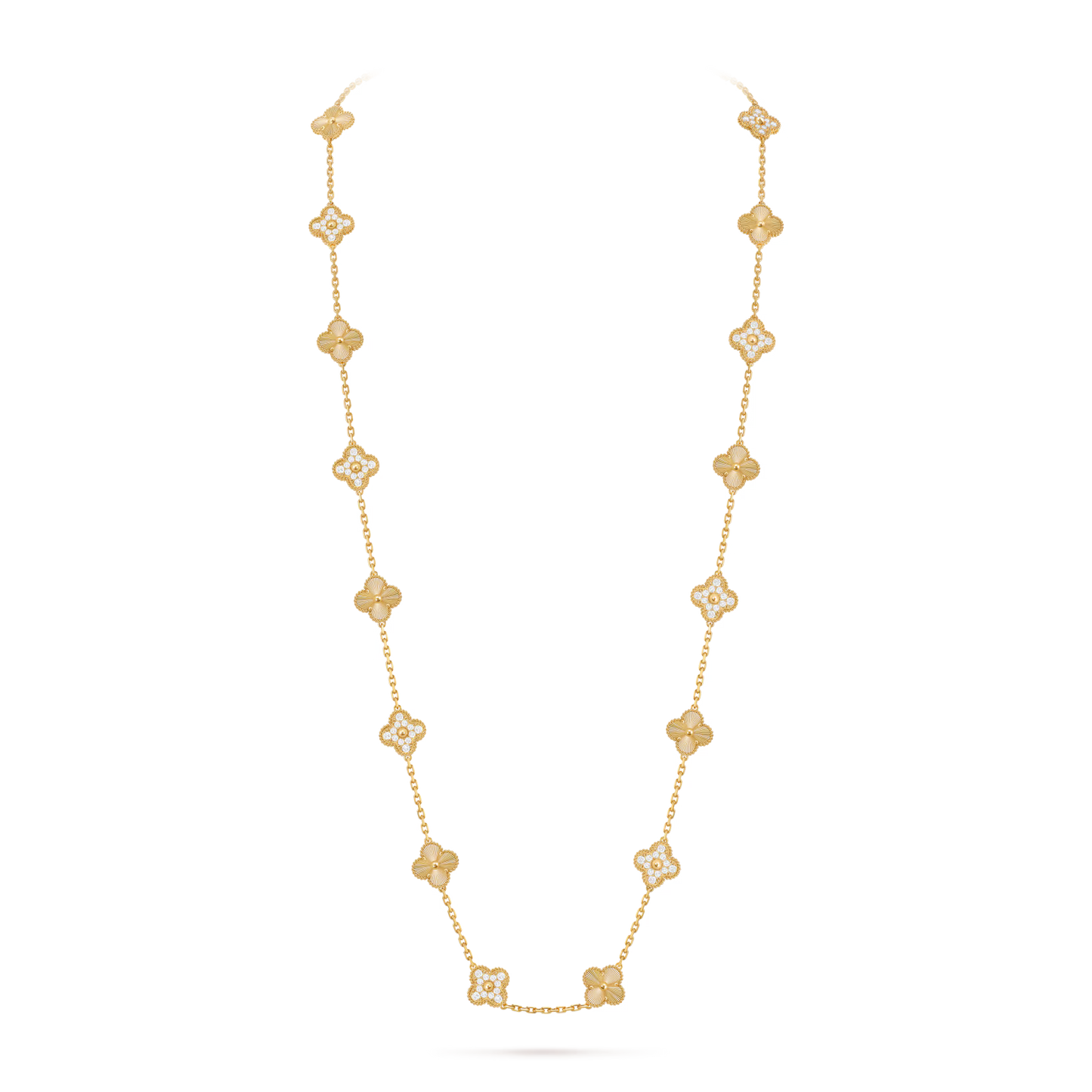 Vintage Alhambra long necklace, 20 motifs, guilloché 18K yellow gold, round diamonds