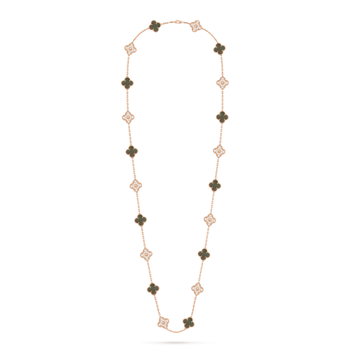 Vintage Alhambra long necklace, 20 motifs, 18K rose gold, gray mother-of-pearl, round diamonds