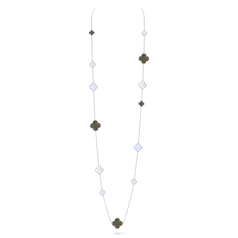 Magic Alhambra long necklace, 16 motifs, rhodium plated 18K white gold, white and gray mother-of-pearl, chalcedony.