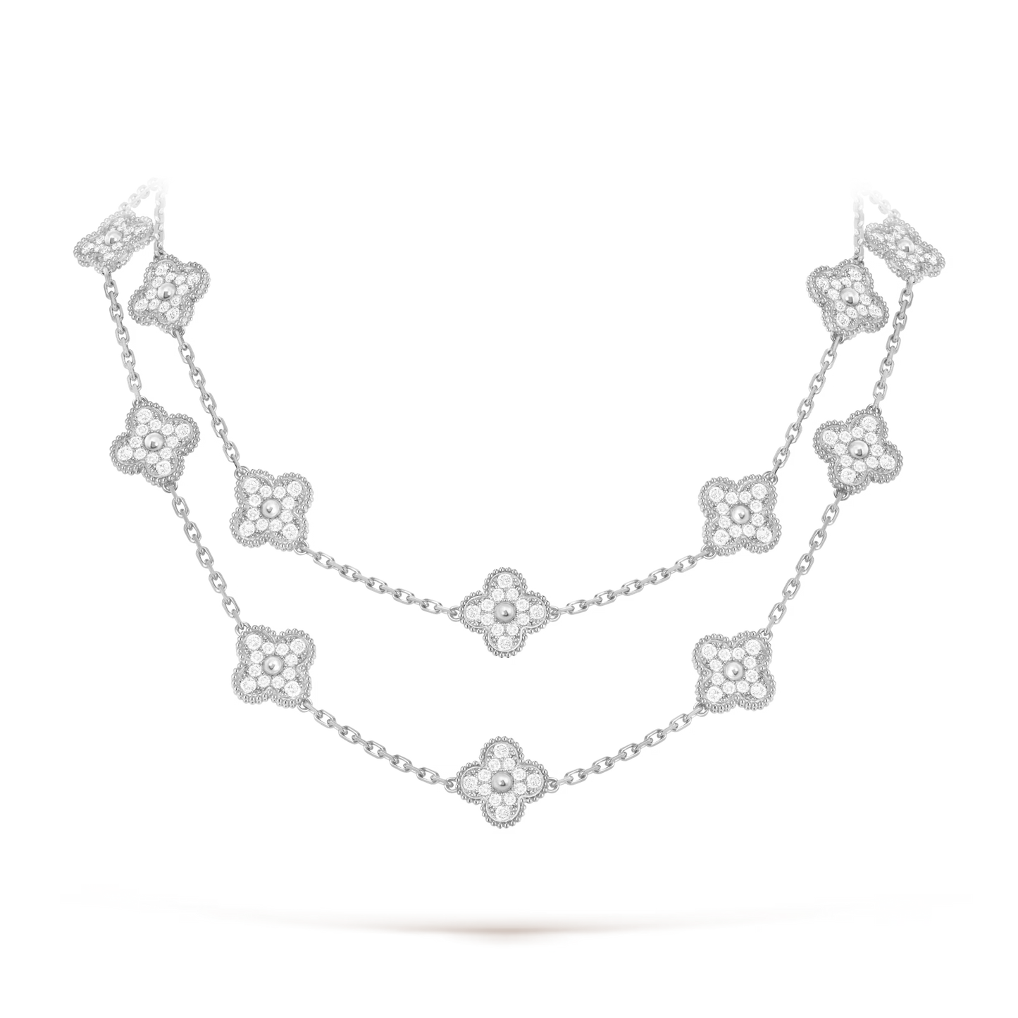 Vintage Alhambra long necklace, 20 motifs, rhodium plated 18K white gold, round diamonds